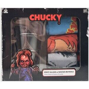 CHUCKY HORROR 17+ Pint Glass & 3 Pack Chucky Socks, Adult Version  New